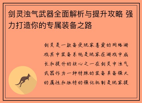 剑灵浊气武器全面解析与提升攻略 强力打造你的专属装备之路